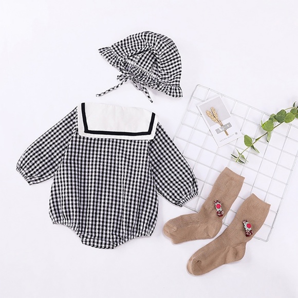 Classic Maid Checked Baby Onesie Hat Set Black - Picture 7 of 9